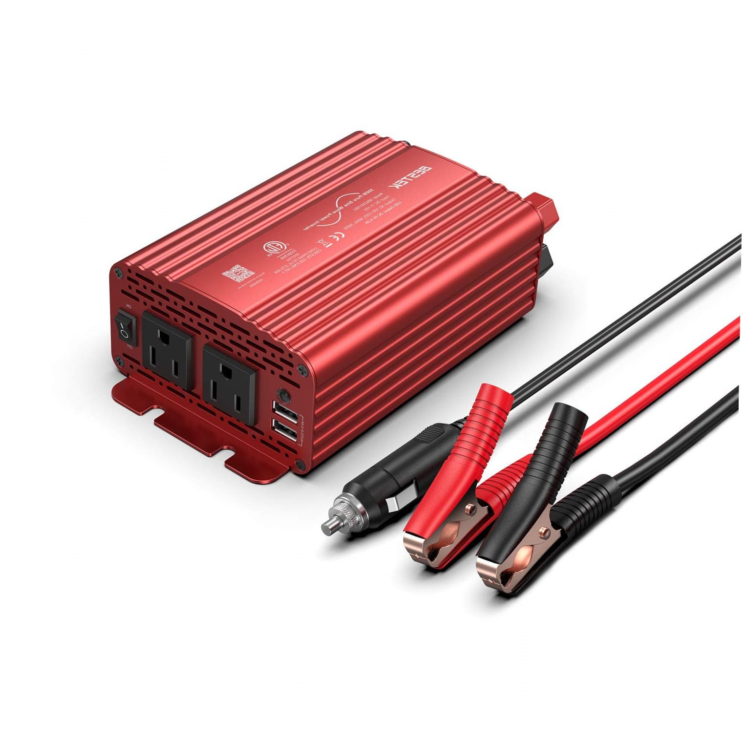 BESTEK 300Watt Pure Sine Wave Power Inverter - DC 12V to AC 110V Car Plug Inverter Adapter, Power Converter with 4.8A Dual USB Charging Ports and 2 AC Outlets Car Charger