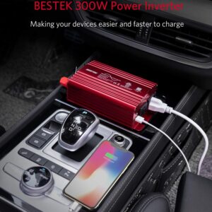 BESTEK 300Watt Pure Sine Wave Power Inverter - DC 12V to AC 110V Car Plug Inverter Adapter, Power Converter with 4.8A Dual USB Charging Ports and 2 AC Outlets Car Charger