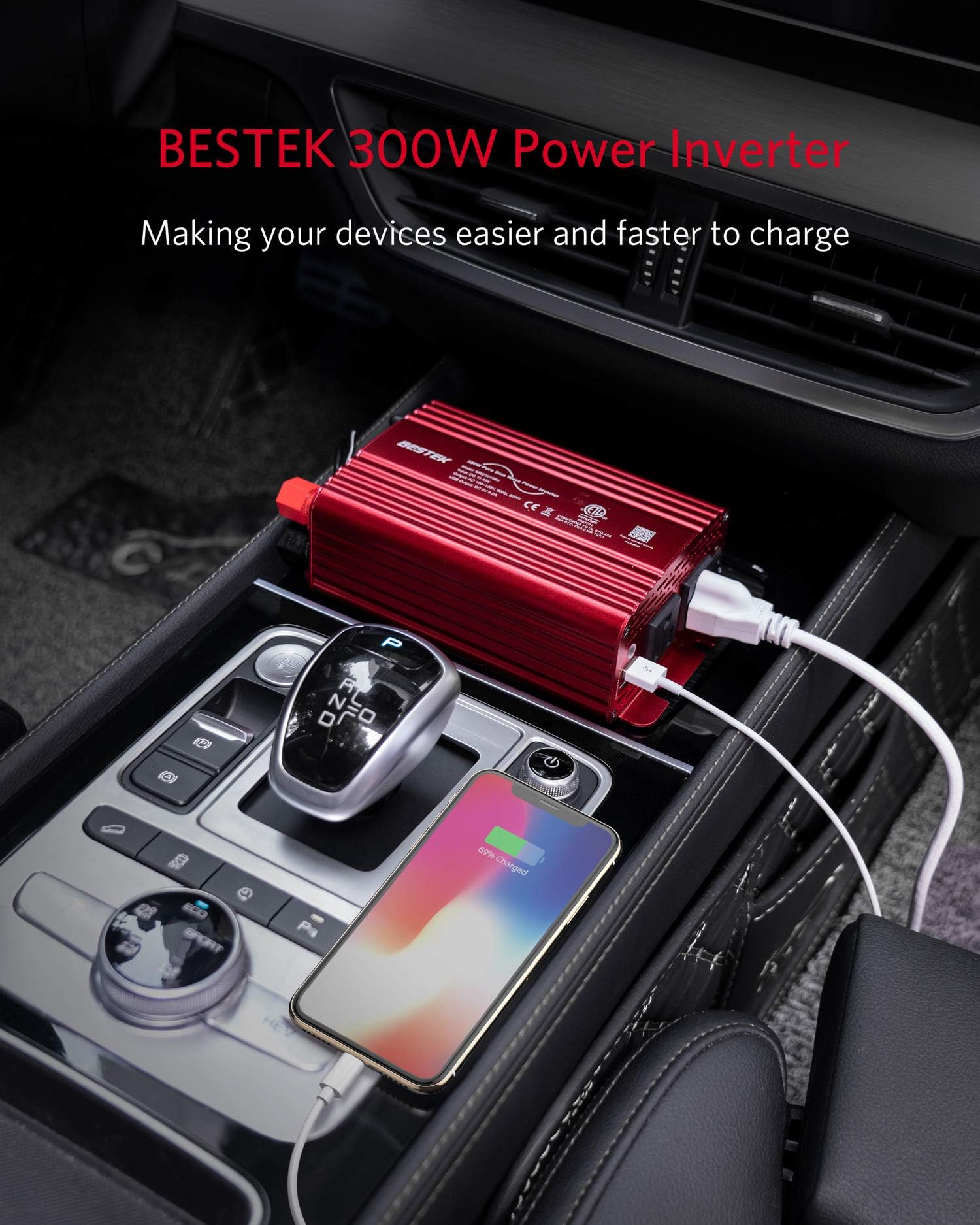 BESTEK 300Watt Pure Sine Wave Power Inverter - DC 12V to AC 110V Car Plug Inverter Adapter, Power Converter with 4.8A Dual USB Charging Ports and 2 AC Outlets Car Charger