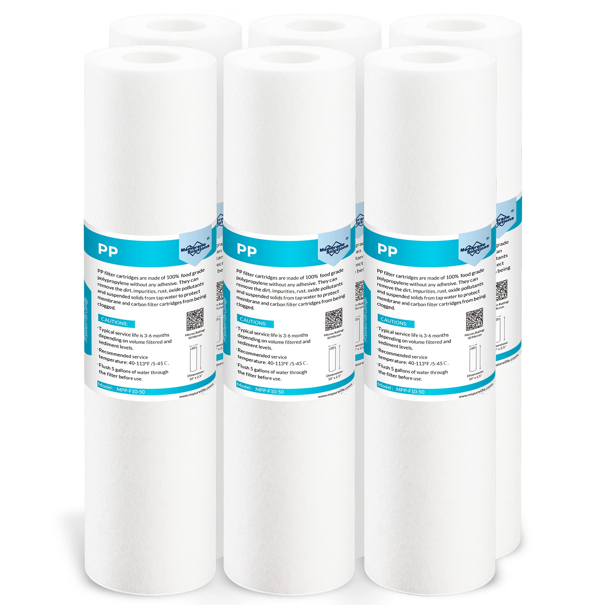 Membrane Solutions 50 Micron Sediment Water Filter Replacement Polypropylene Cartridge 10"x 2.5" for Whole House RO System, Compatible with Aqua-Pure AP110, GE FXUSC,WHKF-GD05,Culligan P5-6 Pack