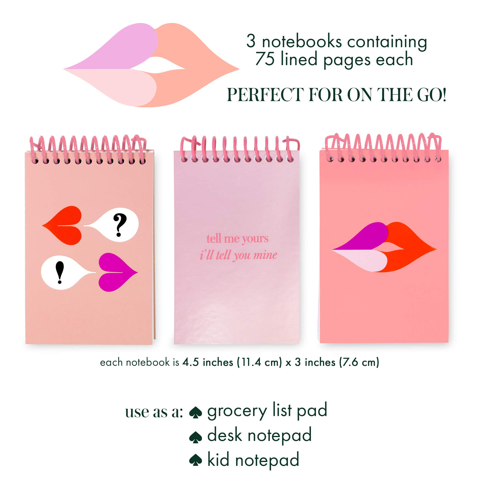 Kate Spade New York Pink Mini Spiral Notepad Set of 3, Heart Lips