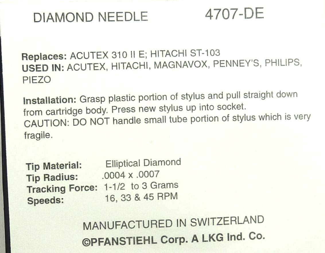 Phonograph Turntable Needle For Acutex 307E 306/II 320/III 310/II 312 315 Astatic N1801-7D Hitachi DS-ST103 Kenwood N-45 Magnavox 560418, 560421 Radio Shack RS-1150