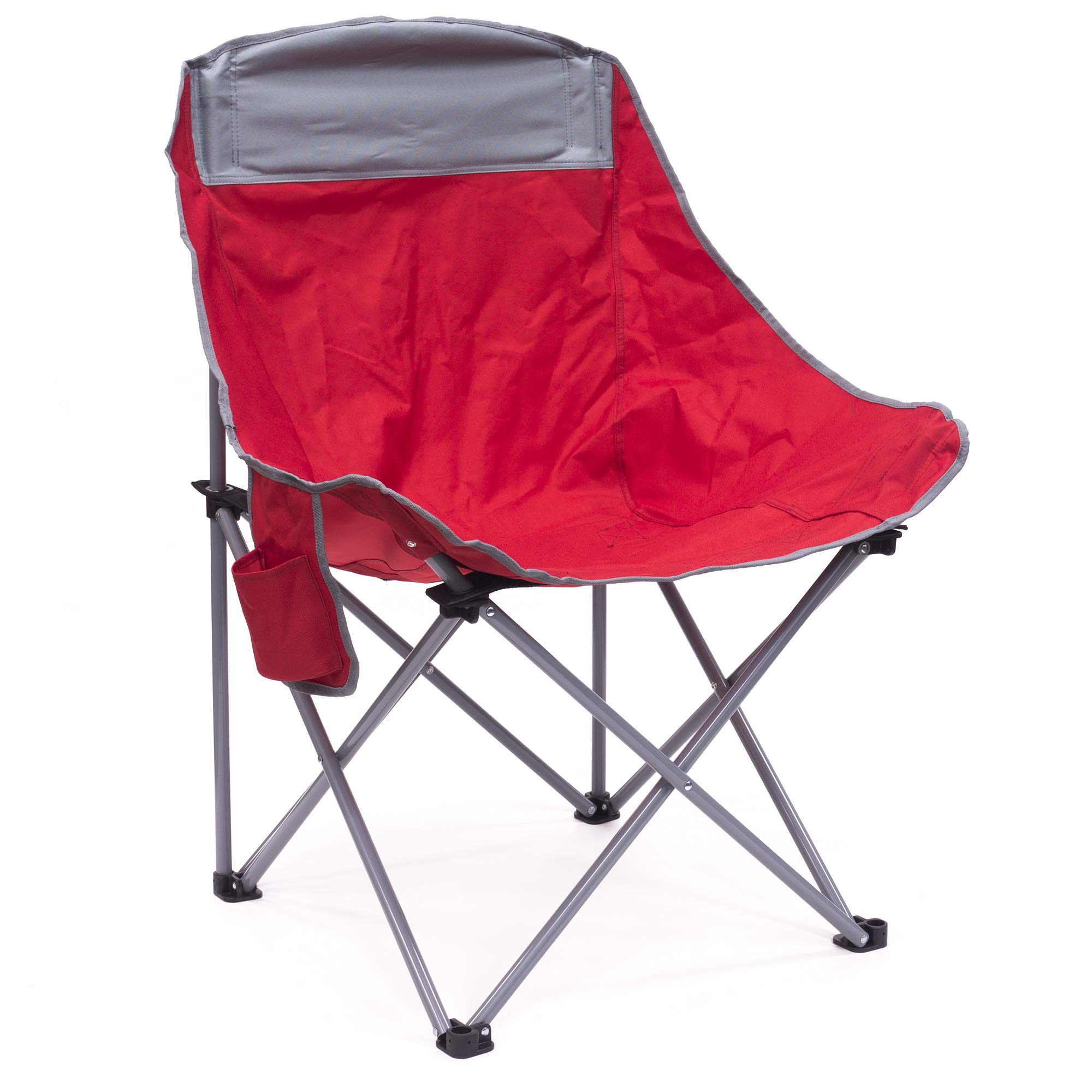 Creative Outdoor Folding Camping Bucket Moon Chair with Side Storage Pocket, Red