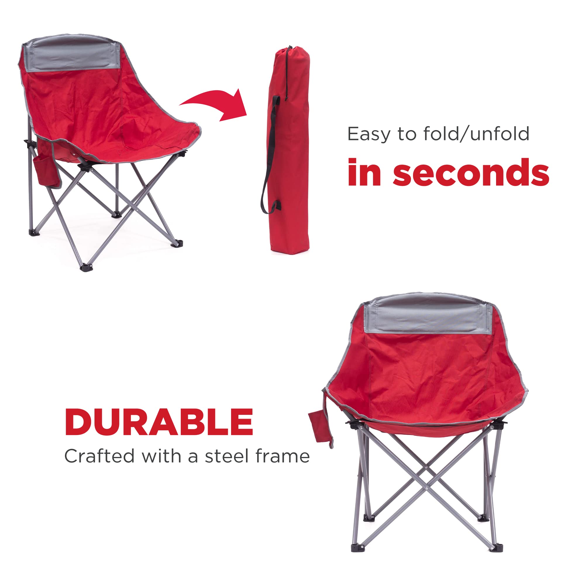 Creative Outdoor Folding Camping Bucket Moon Chair with Side Storage Pocket, Red