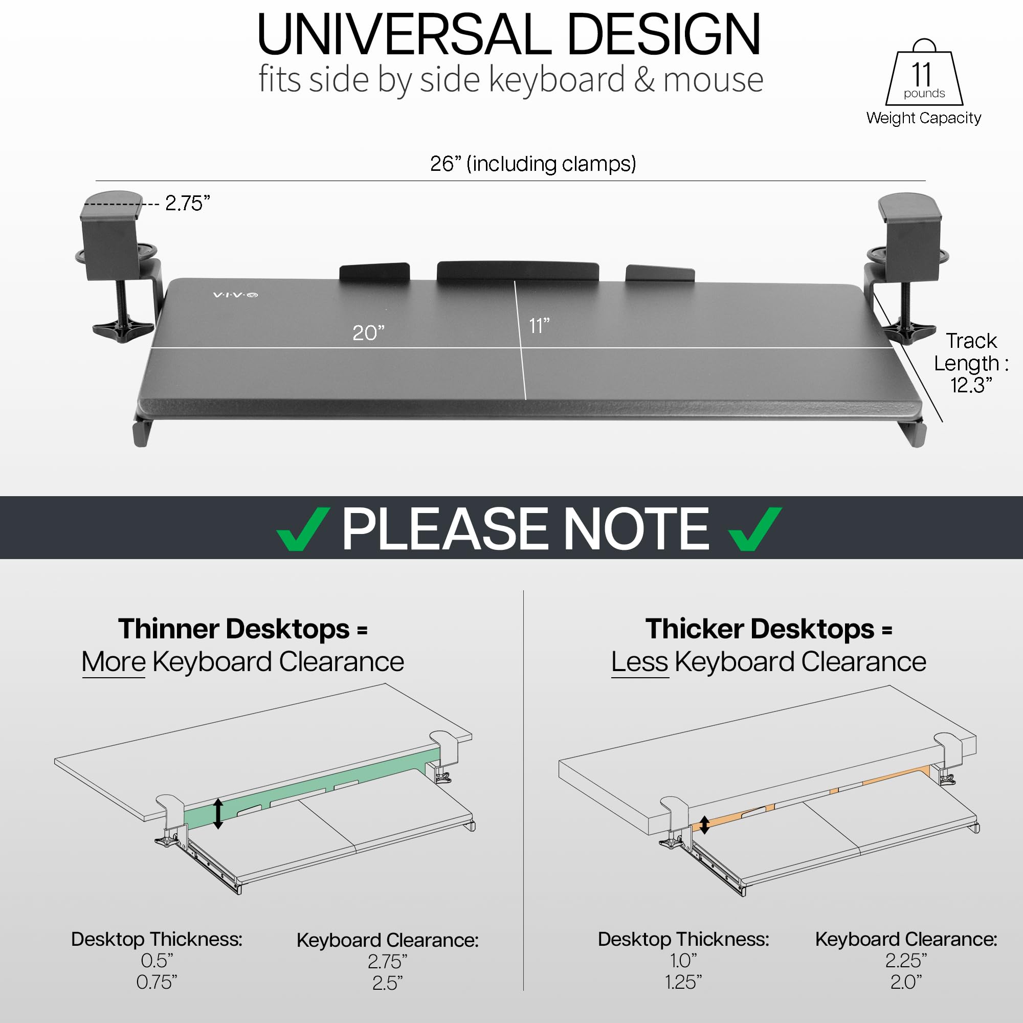 VIVO Small Keyboard Tray, Under Desk Pull Out with Extra Sturdy C Clamp Mount System, 20 Inches (26 Inches Including The Clamps) x 11 Inches Slide-Out Platform Computer Drawer for Typing, Black,