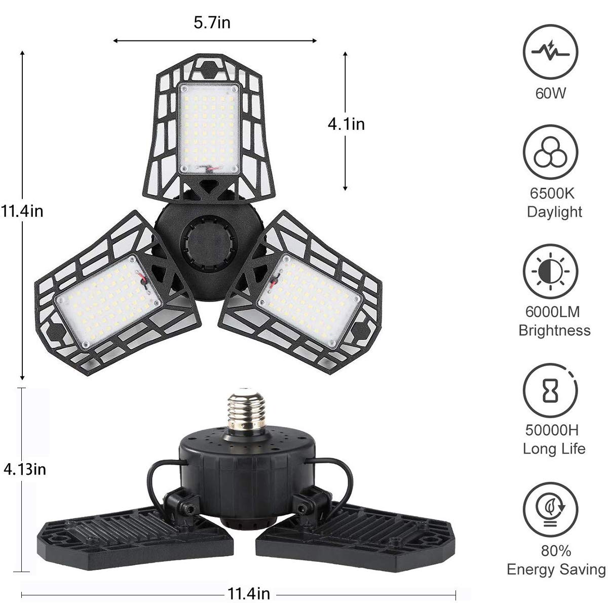 ANYPOWK LED Garage Light - 6000 Lumen 6500K Daylight 60W, Three Leaf Led Garage Ceiling Lights