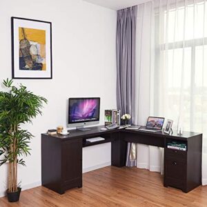 GOFLAME 66 Inch L-Shaped Computer Desk, Spacious Corner Desk w/Drawers, Cabinet & Keyboard Tray, Executive Office Desk, Study Gaming Workstation for Home Office (Black)