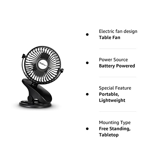 SkyGenius Battery Operated Stroller Fan, Rechargeable USB Powered Mini Clip on Desk Fan