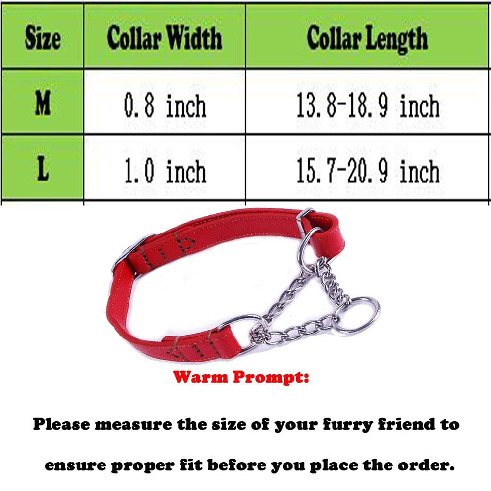 Love Dream Martingale Collars for Dogs, Leather Training Dog Collar, Stainless Steel Chain Anti-Escape No Pull Dog Collar for Medium Large Dogs (L(15.7"-20.9"), Red)