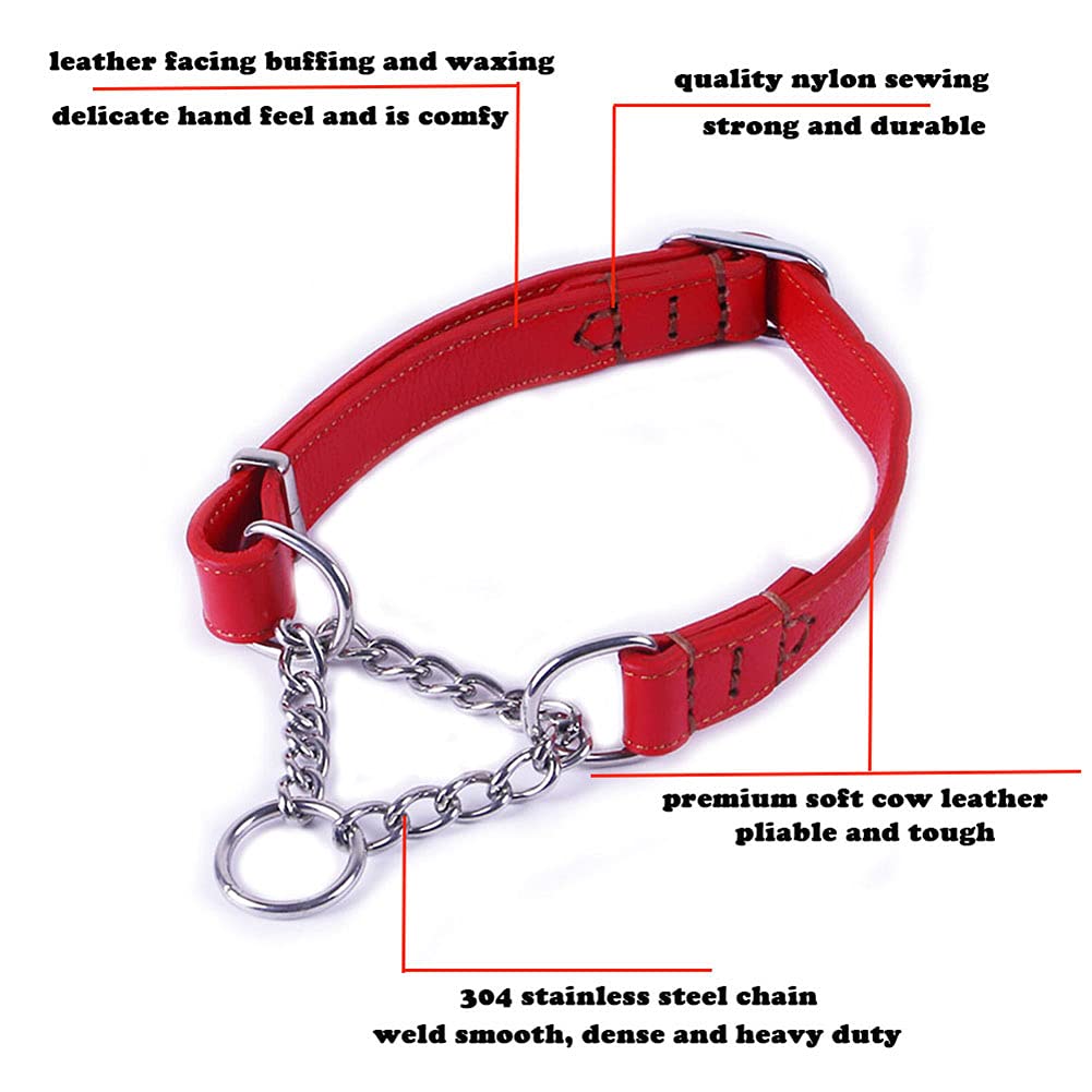 Love Dream Martingale Collars for Dogs, Leather Training Dog Collar, Stainless Steel Chain Anti-Escape No Pull Dog Collar for Medium Large Dogs (L(15.7"-20.9"), Red)