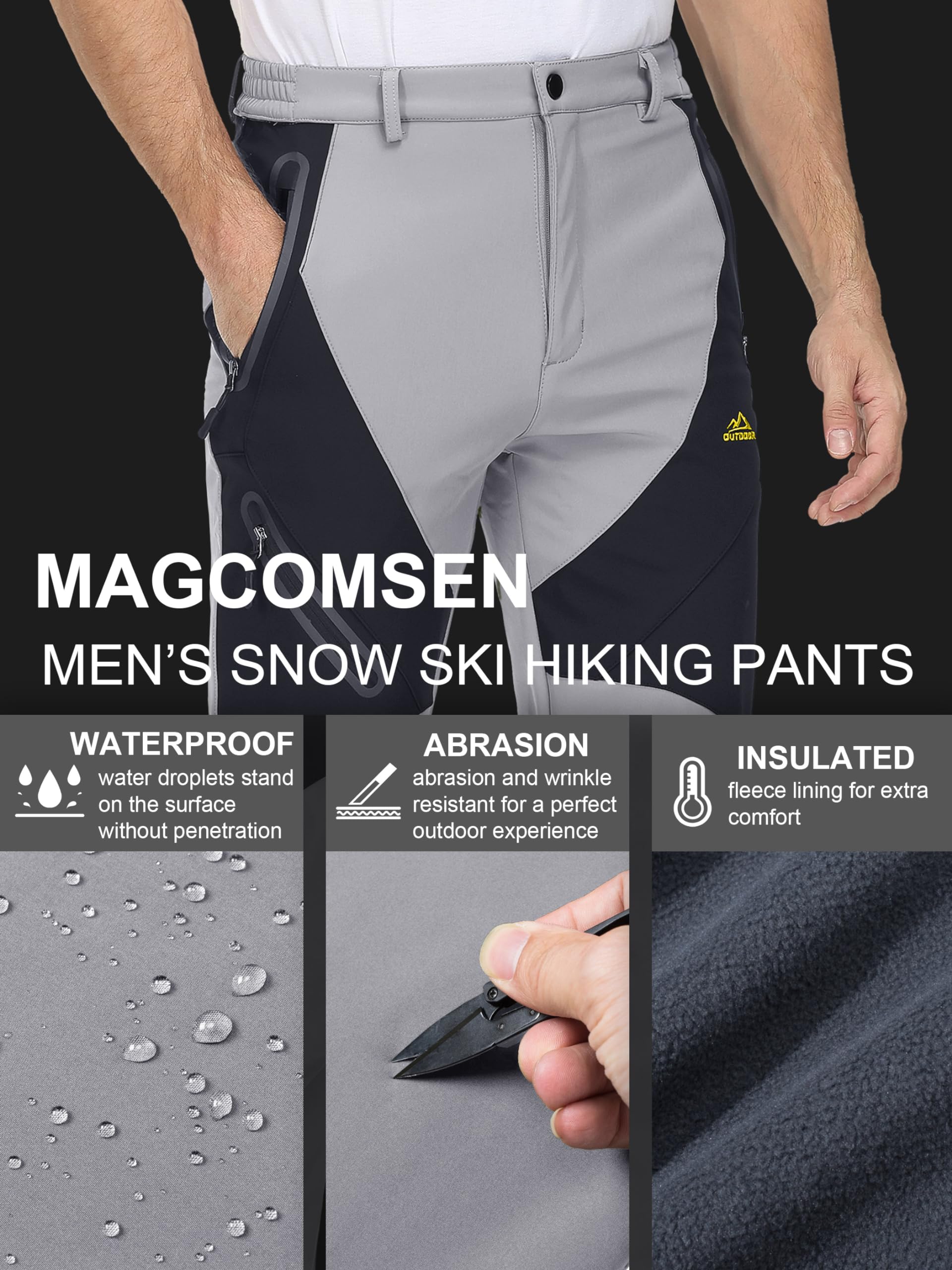 MAGCOMSEN Snow Pants Men Waterproof Pants Softshell Hiking Pants Mens Winter Pants Fleece Lined Pants Ski Pants Warm Pants Skiing Pants Snowboard Pants for Men Light Grey