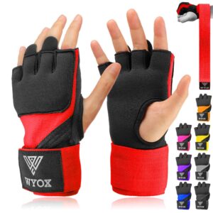 wyox gel premium hand wraps for boxing gloves, quick 80cm wrist wraps, padded knuckle boxing wraps for men, women, muay thai hand wraps, mma kickboxing martial arts inner glove (red, s-m)