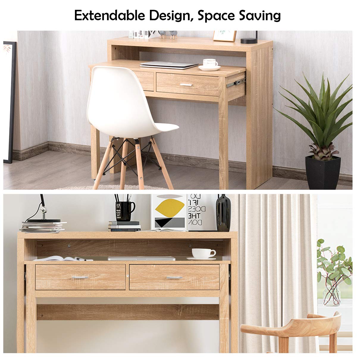 Tangkula Extendable Computer Desk with 2 Drawers, Small Writing Desk with Pull Out Secondary Desk, Console Table, Wood Study Workstation, Laptop Desk for Small Space Home & Office (Natural)