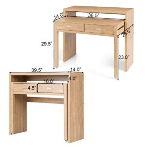 Tangkula Extendable Computer Desk with 2 Drawers, Small Writing Desk with Pull Out Secondary Desk, Console Table, Wood Study Workstation, Laptop Desk for Small Space Home & Office (Natural)