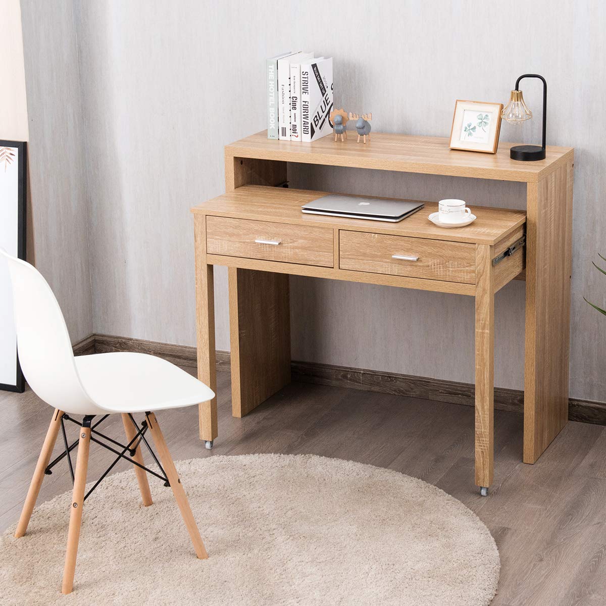 Tangkula Extendable Computer Desk with 2 Drawers, Small Writing Desk with Pull Out Secondary Desk, Console Table, Wood Study Workstation, Laptop Desk for Small Space Home & Office (Natural)