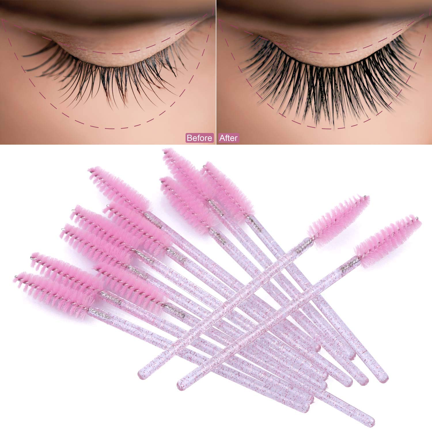 Tbestmax 100 Disposable Eyelash Brush Mascara Wands Spoolies for Eye Lashes Extension Eyebrow and Makeup Pink