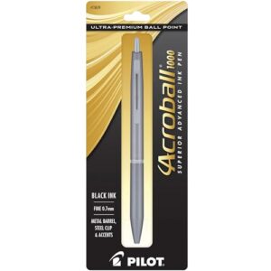 pilot acroball 1000 ultra-premium refillable & retractable ball point pen, gray barrel, fine point, black ink, single pen (13659)