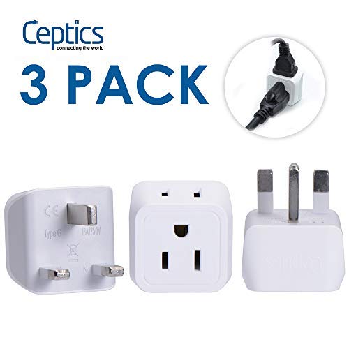 Ceptics UK, Hong Kong, Ireland Travel Adapter Plug - Light Weight - Dual USA Inputs - Type G - Safe Grounded Perfect for Cell Phones, Laptops, Camera (3 Pack) - Ultra Compact - Use in Dubai, Ghana