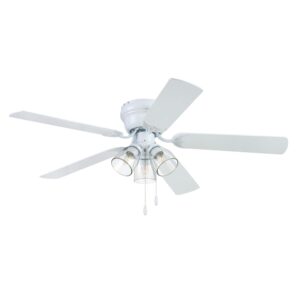 portage bay ceiling 52" renton white indoor fan with clear 3 light led multi arm e26/b11 bulb and pull-chains, traditional style, 5 reversible gray oak blades, 51441, 52 inch