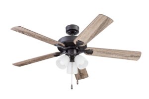 portage bay ceiling stannor 52" bronze indoor fan with frosted 3 light led multi arm e26/a15 bulb and pull-chains, traditional style, 5 reversible barnwood/northern ebony blades, 51434