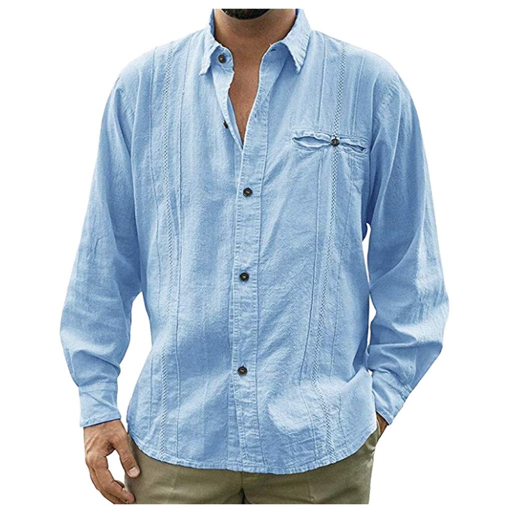 GDJGTA Men's Casual Cotton Linen Shirt Turn-Down Collar T-Shirt Tops Lapel Long Sleeve Button Solid Beach Top Blouse M-3XL