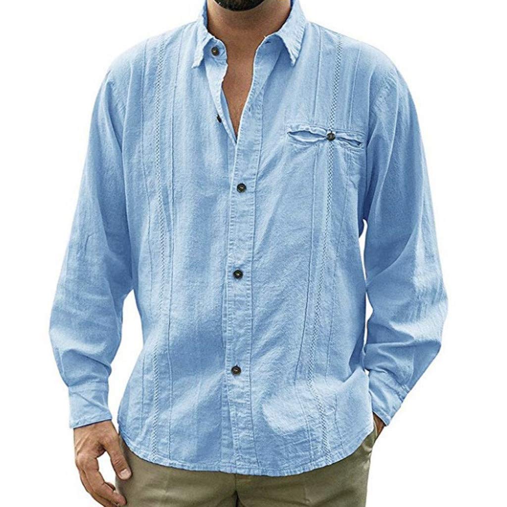 GDJGTA Men's Casual Cotton Linen Shirt Turn-Down Collar T-Shirt Tops Lapel Long Sleeve Button Solid Beach Top Blouse M-3XL