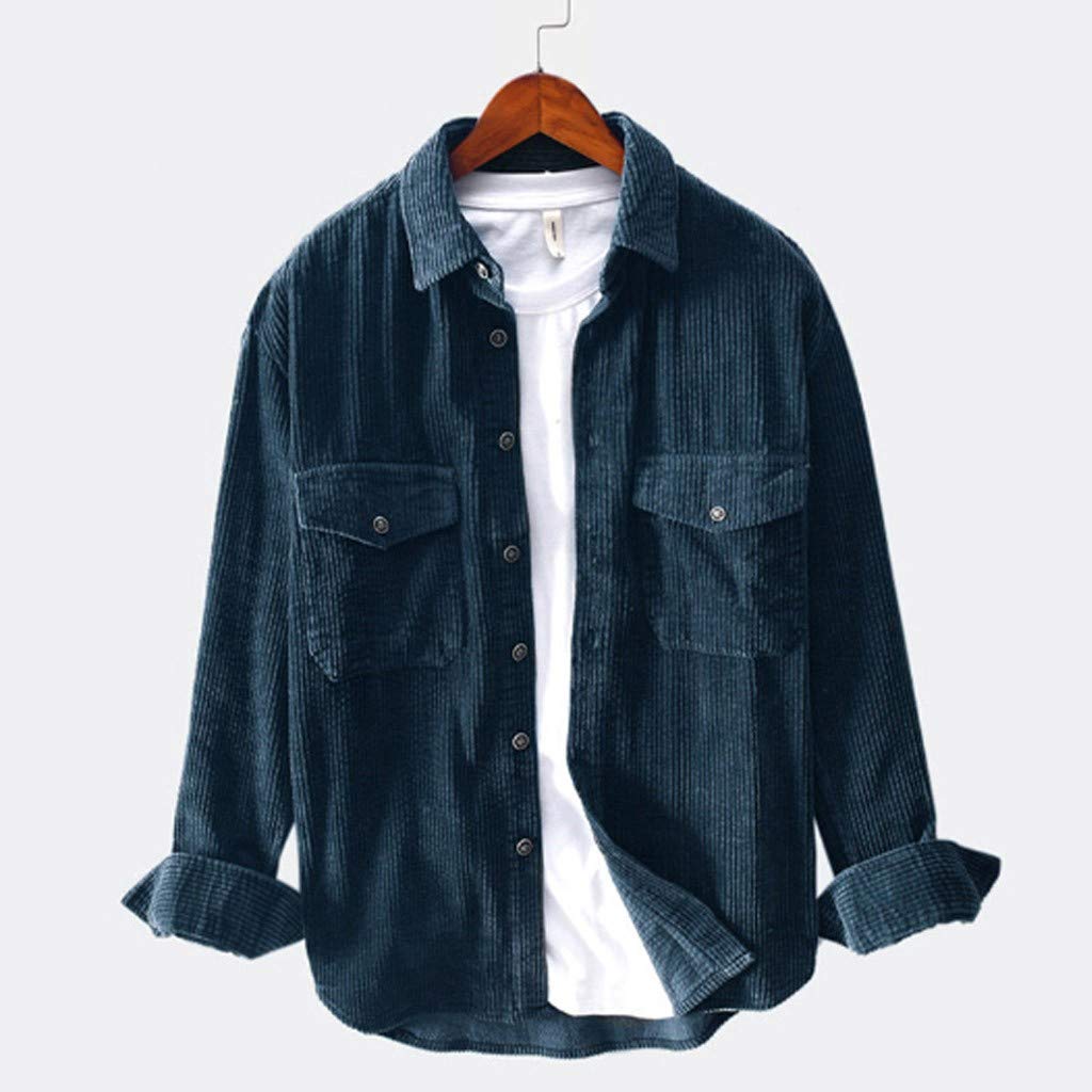 Men's Corduroy Shirt Long Sleeve Turn-Down Collar T-Shirt Top Casual Winter Lapel Chest Pocket Button Blouse M-3XL