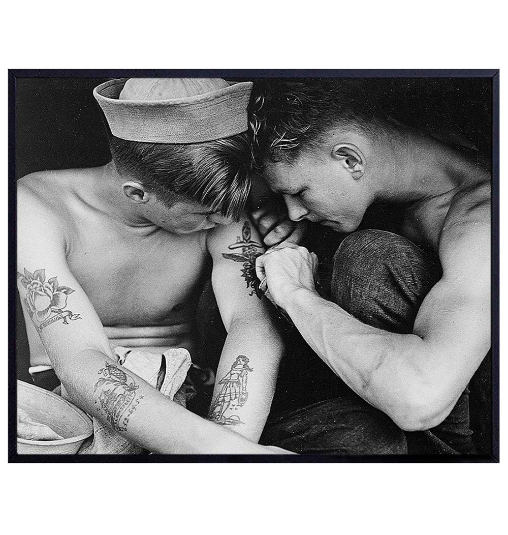 Navy Tattoo Vintage WWII Photo - 8x10 Military Sailors Poster Print for Living Room Decor, Home Decoration, Tattoo Parlor Studio - Cool Unique Patriotic Gift for Veterans, Vets, Servicemen - Wall Art