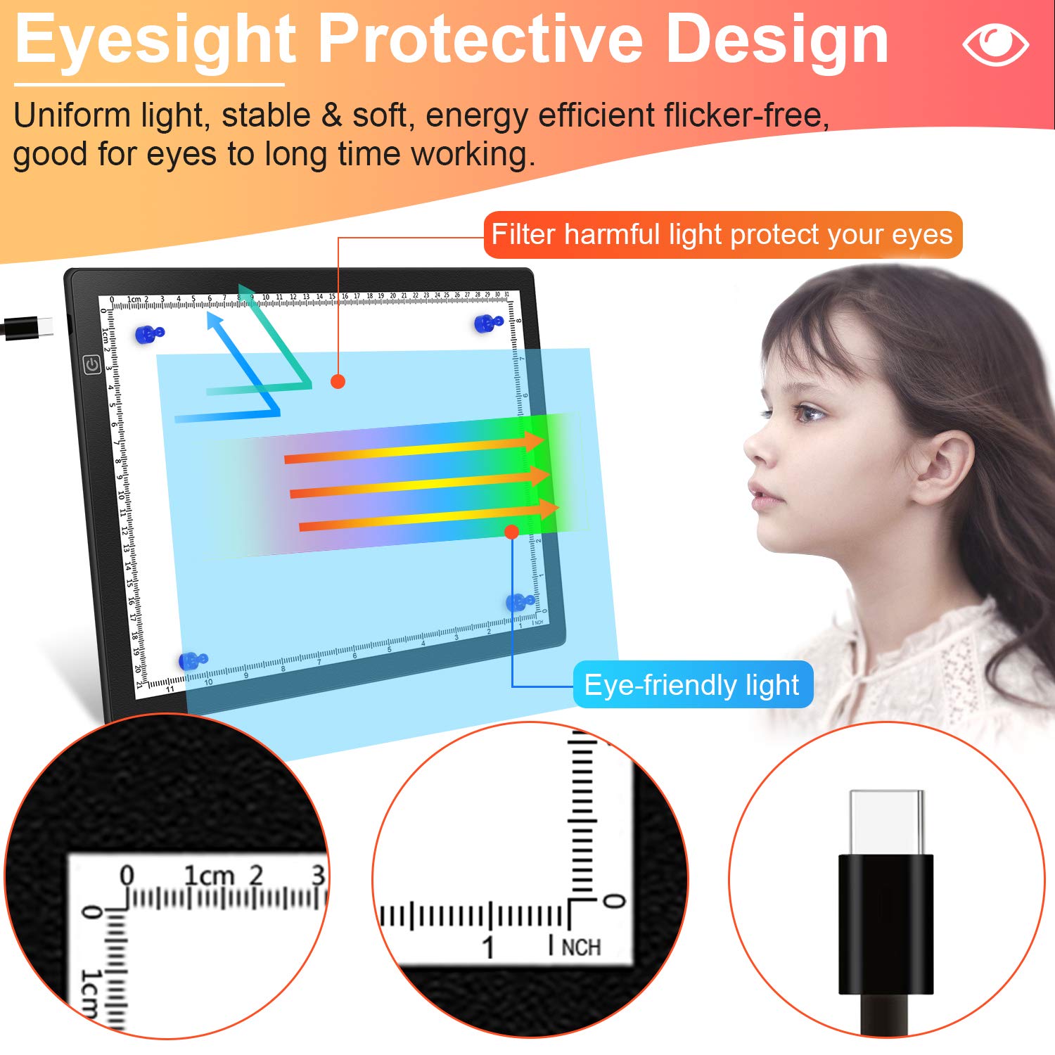 Magnetic Light Box for Tracing, A4 Light Pad for Drawing with 4 Magnets, 2 Scale (CM & INCH) Portable Ultra-Thin Sketch Pad, Dimmable Light Table for Diamond Painting, X-ray View (4 Magnets Included)