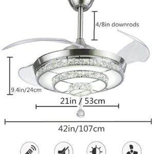 efperfect 42" Crystal Ceiling Fan with Light Retractable Blades Chrome Modern LED Chandelier Remote 3 Color Changes 3 Speeds Silent Ceiling Fans Lighting Fixture, LED Kits Included