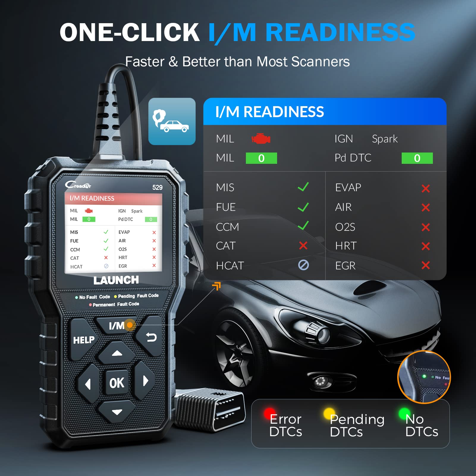 LAUNCH CR529 OBD2 Scanner Diagnostic Tool, Full OBDⅡ Scanner for Car, Free Lifetime Upd. Check-Egine-Light Code Reader, 5 Yrs. Backup, Clear Codes, One Click I/M, for DIYers with Cars After 1996