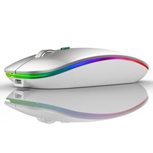 uiosmuph led wireless mouse, g12 slim rechargeable silent mouse, 2.4g portable optical computer mice with usb receiver and type c adapter (silver)