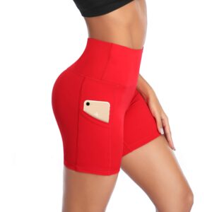 dayoung women yoga shorts high waist tummy control workout biker running athletic compression short with pockets y27-red-m