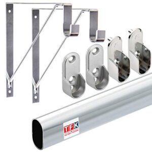 13" long aluminum oval wardrobe tube closet rod (1/4,1/2,3/4), polish chrome oval tubing + 2 end supports - custom length -