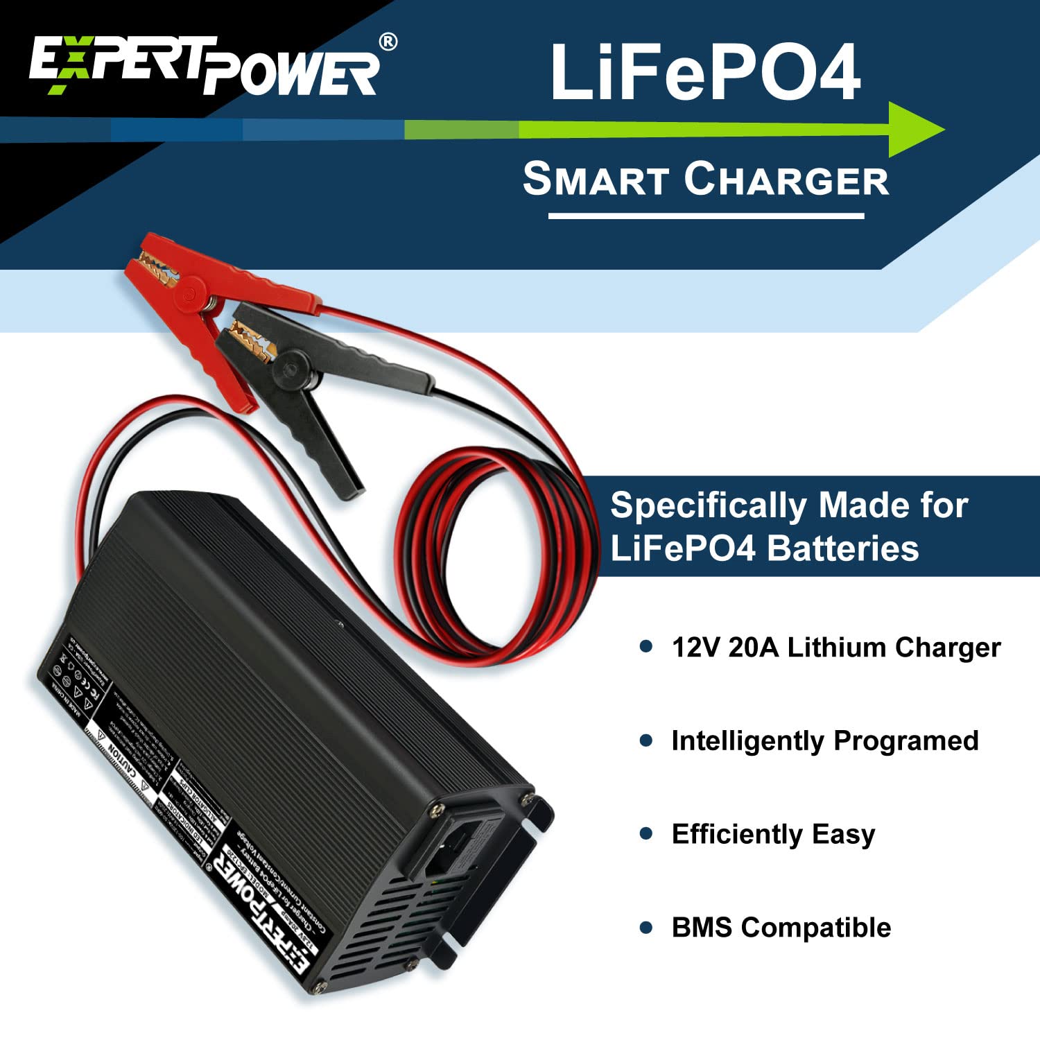 ExpertPower 12V 20A Smart Charger for Lithium LiFePO4 Deep Cycle Rechargeable Batteries