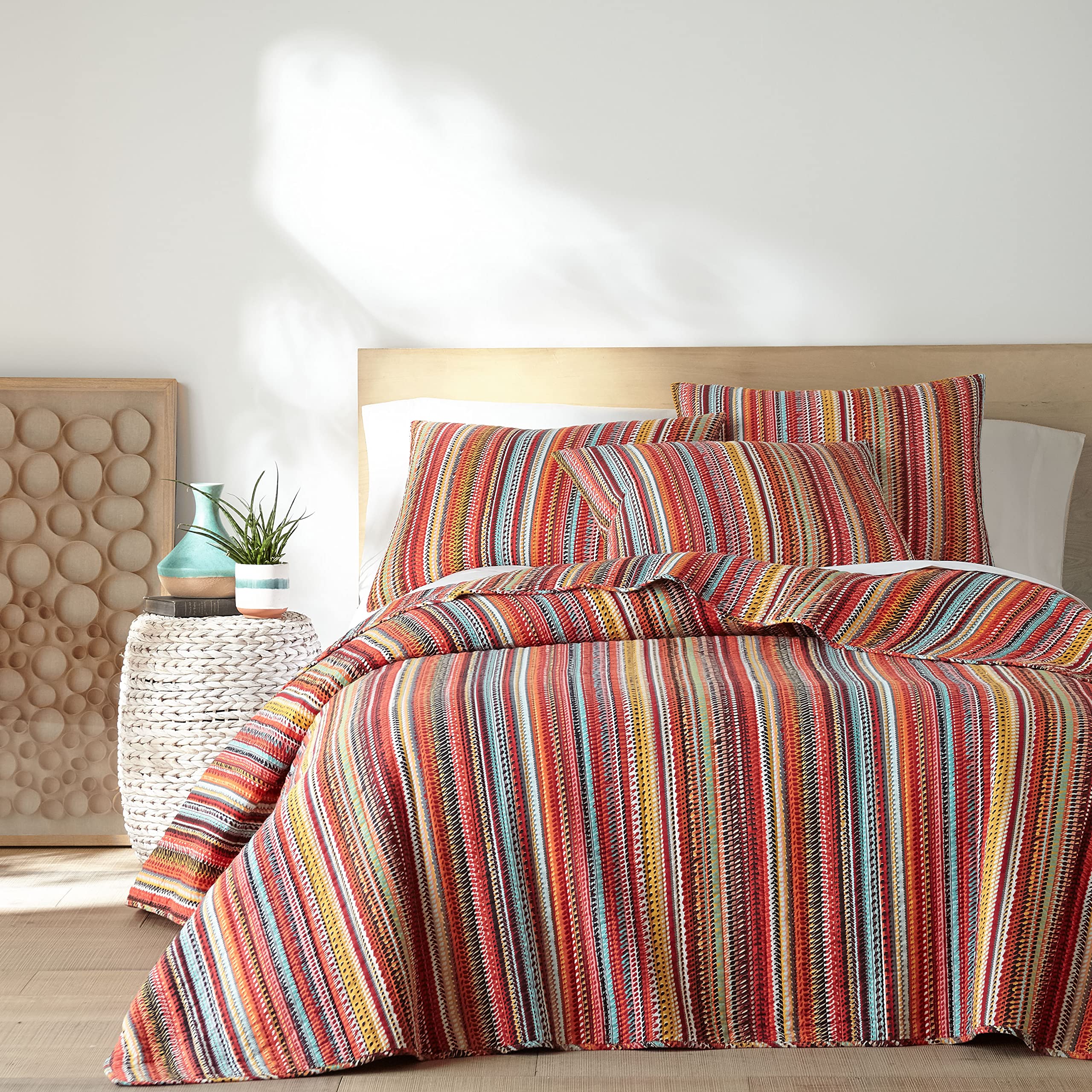 Levtex Home - Uluru Quilt Set - King Quilt + Two King Pillow Shams - Boho Stripe - Orange Teal Red Green Yellow Black White - Quilt (106x92in.) and Pillow Shams (36x20in.) - Cotton