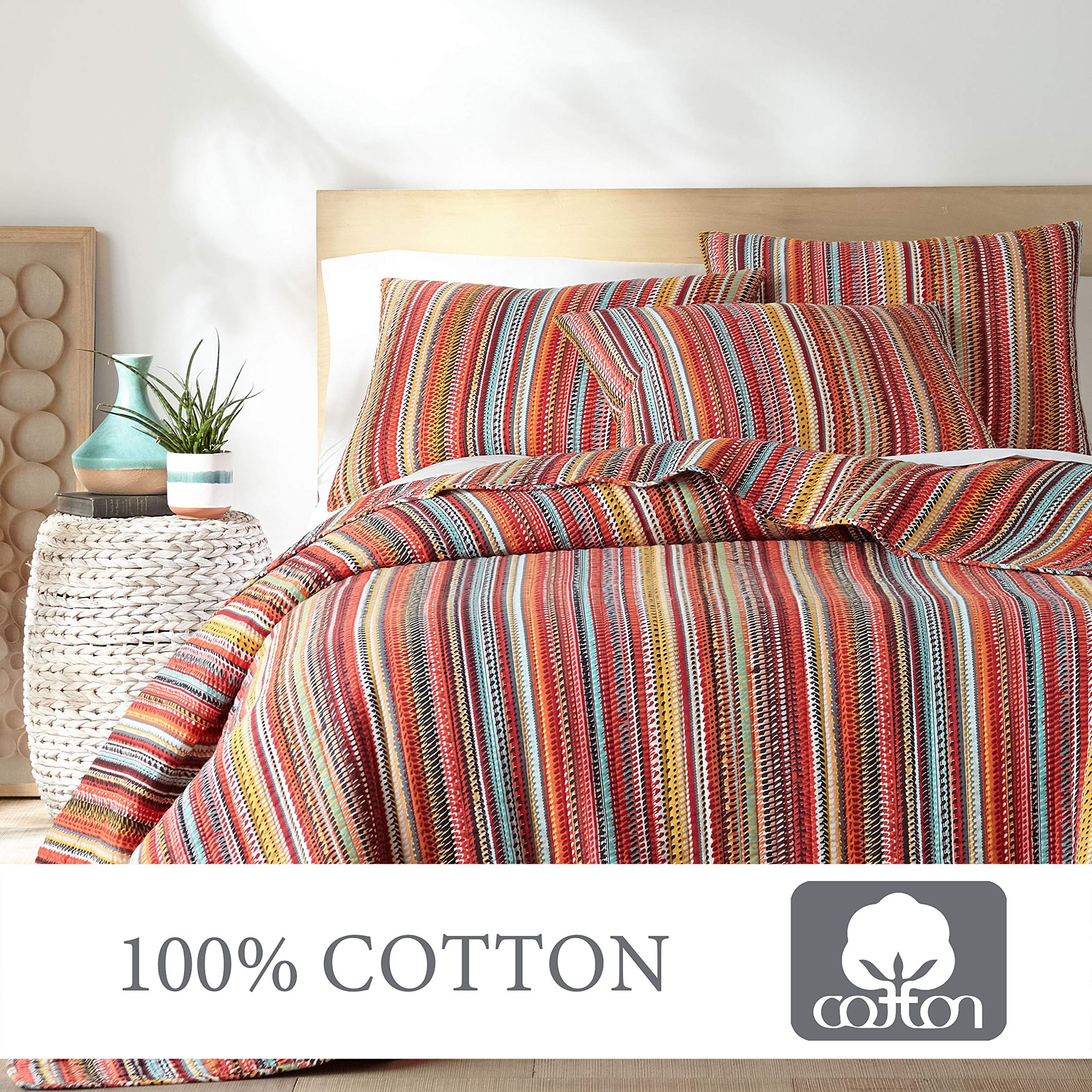 Levtex Home - Uluru Quilt Set - King Quilt + Two King Pillow Shams - Boho Stripe - Orange Teal Red Green Yellow Black White - Quilt (106x92in.) and Pillow Shams (36x20in.) - Cotton