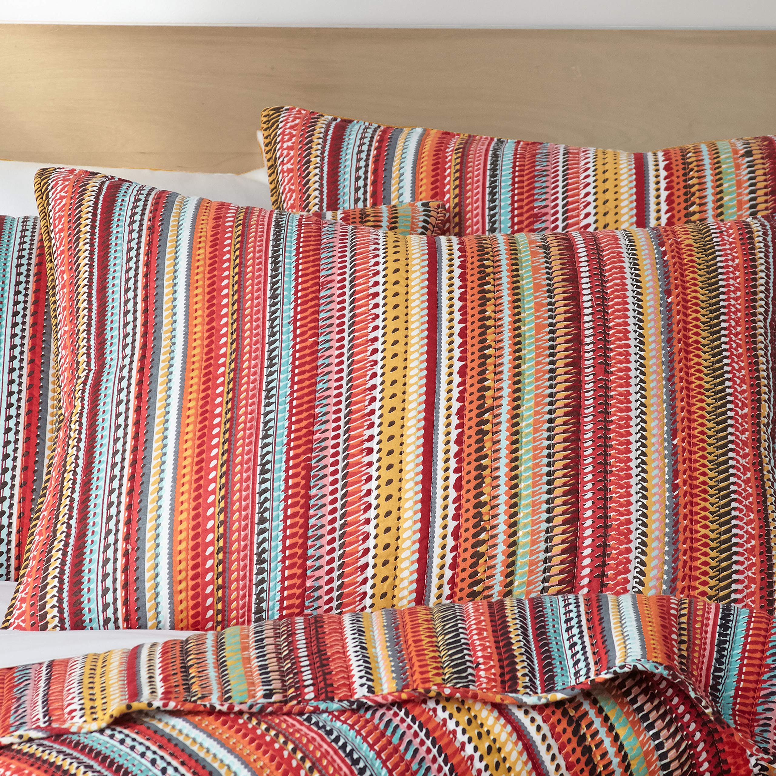 Levtex Home - Uluru Quilt Set - King Quilt + Two King Pillow Shams - Boho Stripe - Orange Teal Red Green Yellow Black White - Quilt (106x92in.) and Pillow Shams (36x20in.) - Cotton