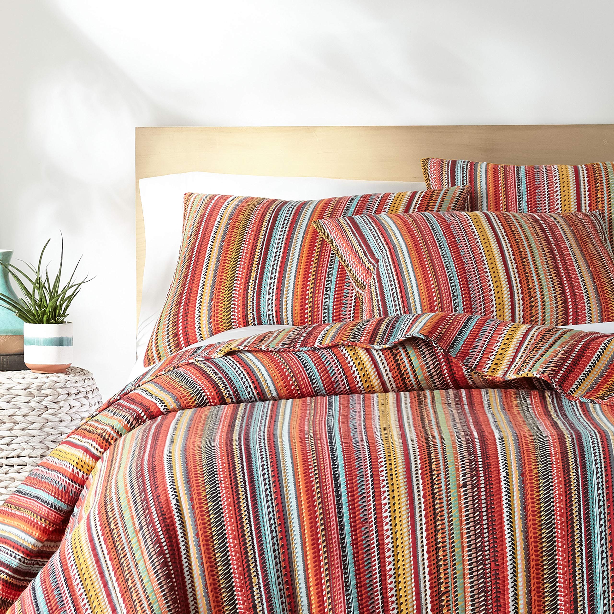 Levtex Home - Uluru Quilt Set - King Quilt + Two King Pillow Shams - Boho Stripe - Orange Teal Red Green Yellow Black White - Quilt (106x92in.) and Pillow Shams (36x20in.) - Cotton