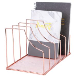 simmer stone file sorter organizer, 5 section magazine holder rack, desktop wire book stand for mail, paper, document, folder, record and desk accessories, rose gold