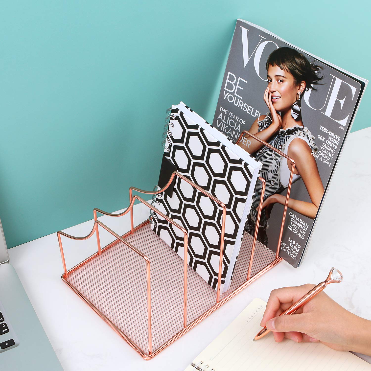 Simmer Stone File Sorter Organizer, 5 Section Magazine Holder Rack, Desktop Wire Book Stand for Mail, Paper, Document, Folder, Record and Desk Accessories, Rose Gold