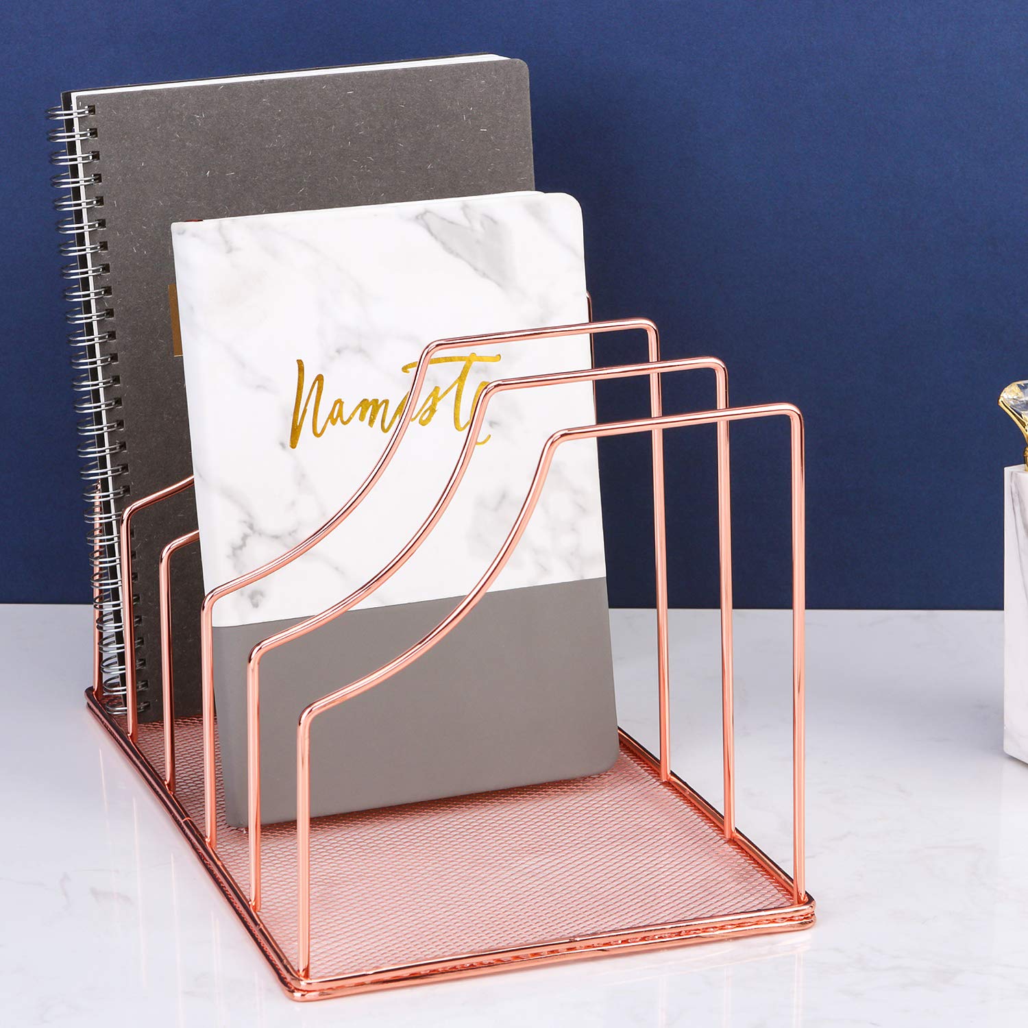 Simmer Stone File Sorter Organizer, 5 Section Magazine Holder Rack, Desktop Wire Book Stand for Mail, Paper, Document, Folder, Record and Desk Accessories, Rose Gold