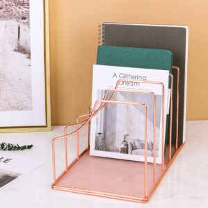 Simmer Stone File Sorter Organizer, 5 Section Magazine Holder Rack, Desktop Wire Book Stand for Mail, Paper, Document, Folder, Record and Desk Accessories, Rose Gold