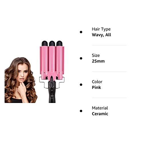 MODVICA 3 Barrel Curling Iron Wand 26mm Hair Waver Temperature Adjustable Ceramic Hair Curling Iron (Pink)