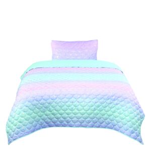 tadpoles girls mermaid pattern quilt set, with 1 twin size quilt and 1 standard sham, lightweight, soft, and durable, iridescent metallic, for kids, 2-piece set - twin.