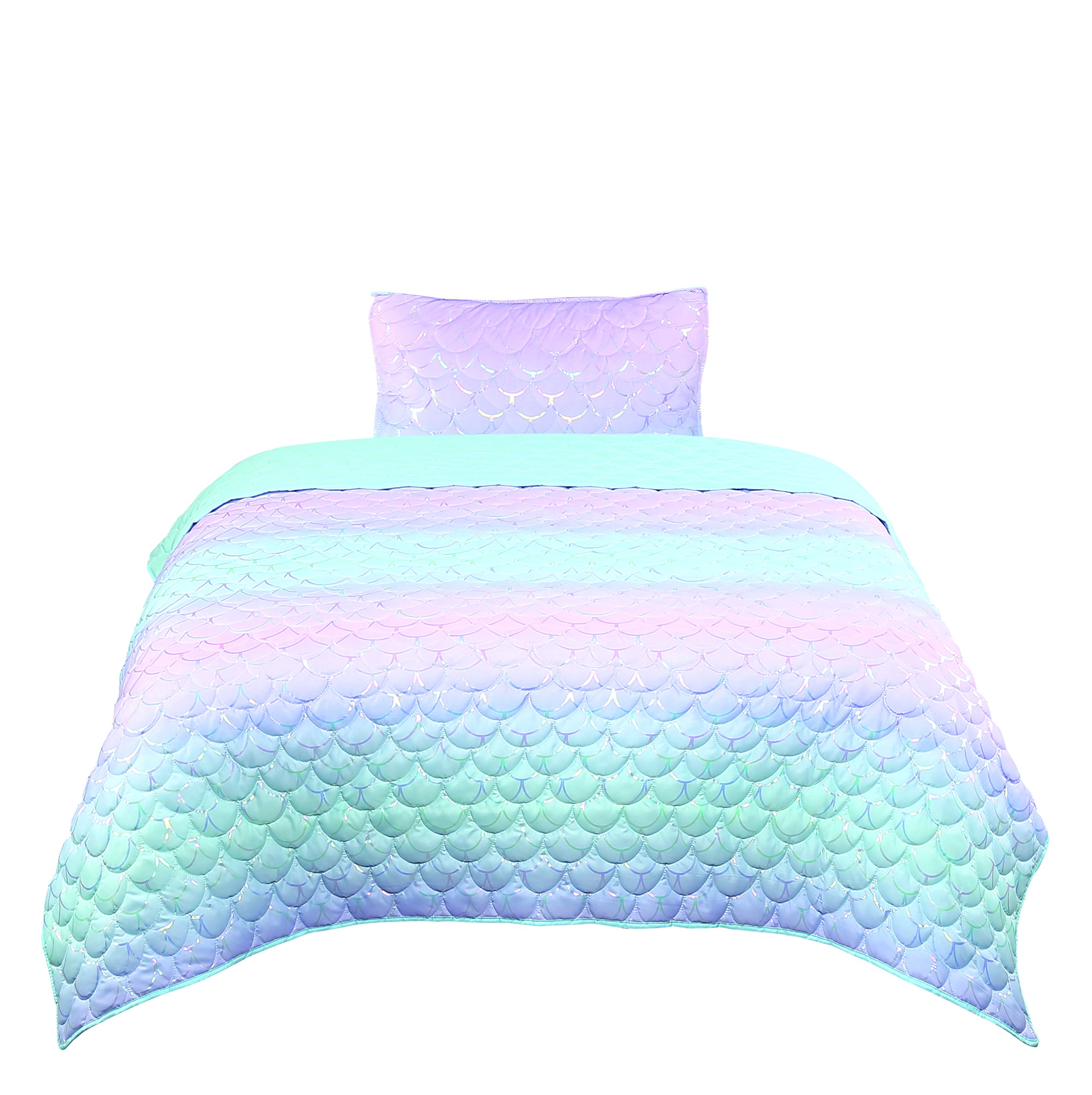 Tadpoles Girls Mermaid Pattern Quilt Set, with 1 Twin Size Quilt and 1 Standard Sham, Lightweight, Soft, and Durable, Iridescent Metallic, for Kids, 2-Piece Set - Twin.