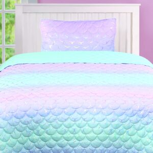 Tadpoles Girls Mermaid Pattern Quilt Set, with 1 Twin Size Quilt and 1 Standard Sham, Lightweight, Soft, and Durable, Iridescent Metallic, for Kids, 2-Piece Set - Twin.