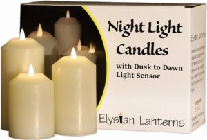 battery operated night light candles with light sensor. set of 3 flameless white wax flickering electric candles. dusk to dawn night light. great for bathroom, kids bedroom or living room