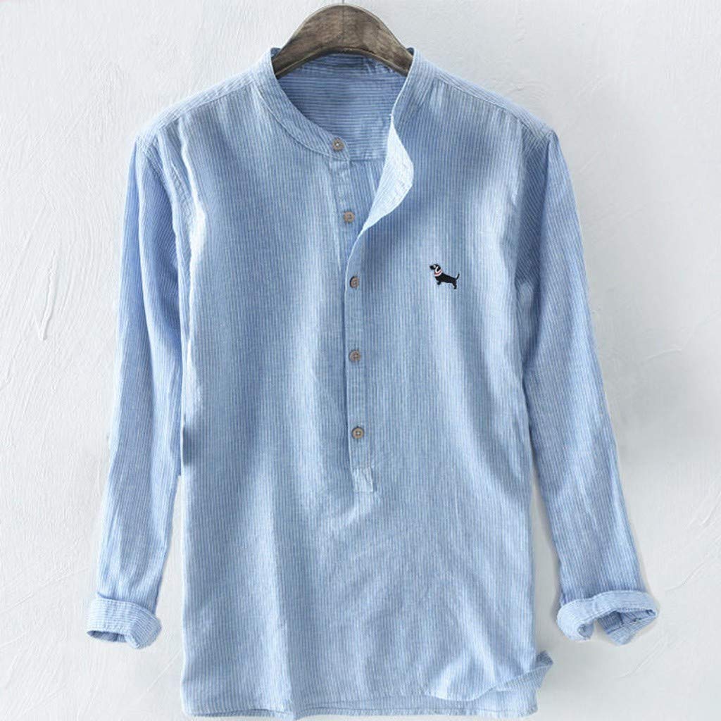 Men's Plus Size Shirt Retro Pure Color Cotton Linen Tee Baggy Stripe Embroidery Long Sleeve Button-Up T Shirts M-3XL