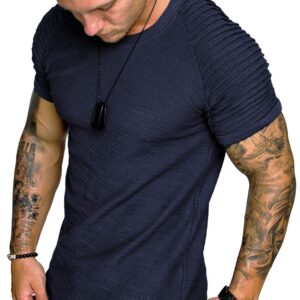 COOFANDY Mens Stylish Shirts Pleated Sleeve Fashion Hip Hop Tee Navy Blue L